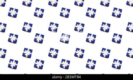 A pattern of blue colored gift boxes with a bow made with ribbon isolated on a white uniform background. Top viev. Isolated Stock Photo