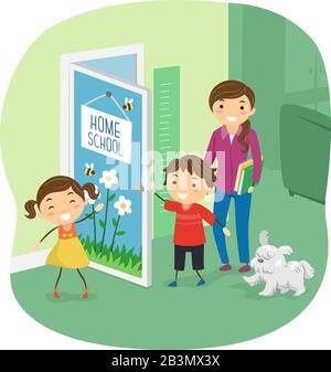 Illustration of Stickman Kids and Mother Going Inside their Room for Home Schooling with a Pet Dog Running Behind Stock Photo