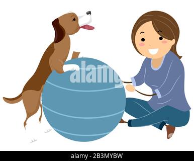 Illustration of Stickman Girl Working with a Dog Using Therapy Ball Stock Photo