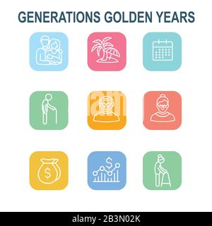 Generations: Golden Years Icon Set with retirement calendar , money, etc Stock Vector