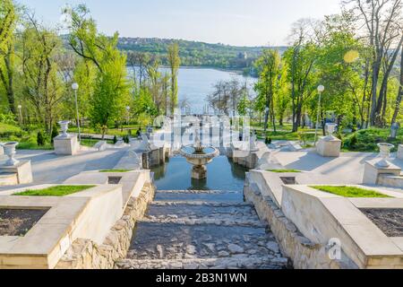 CHISINAU, MOLDOVA - March 25, 2019: View of the Scara Cascadelor landmark in Valea Morilor Park and lake - one of the most popular parks in Chisinau, Stock Photo