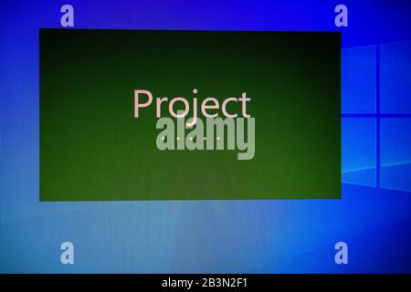 Microsoft project application, home menu on device screen pixelated close up view. Bucharest, Romania, 2020. Stock Photo