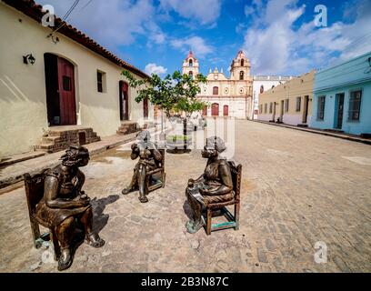 Martha Jimenez Perez Sculptures and Nuestra Senora del Carmen Church, Plaza del Carmen, Camaguey, UNESCO World Heritage Site, Camaguey Province, Cuba, Stock Photo