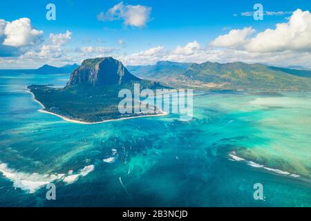 Aerial view of Le Morne Brabant and the Underwater Waterfall optical illusion and natural phenomena, Mauritius, Indian Ocean, Africa Stock Photo