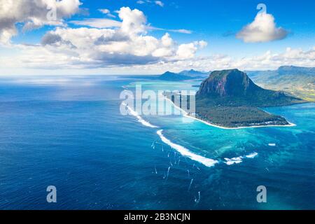 Aerial view of mountain overlooking the ocean, Le Morne Brabant peninsula, Black River district, Mauritius, Indian Ocean, Africa Stock Photo