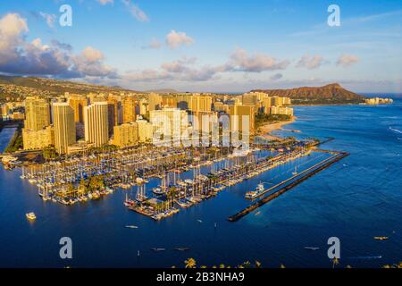 Aerial drone shot view of Waikiki beach in Honolulu in Hawaii in summer ...