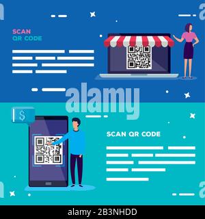 set poster of scan code qr with icons Stock Vector