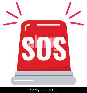 Red flasher siren with text SOS vector icon isolated on white background. Stock Vector