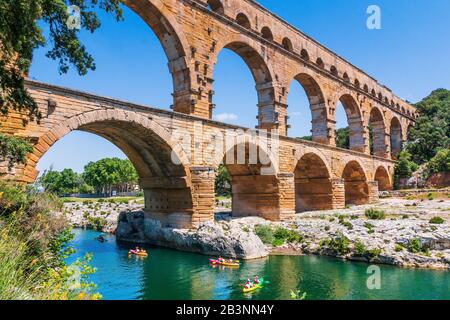 Nimes, France. Ancient aqueduct of Pont du Gard, Unesco World Heritage site. Stock Photo