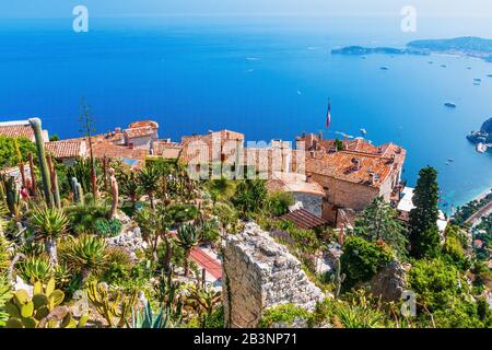 French Riviera. The Medieval Village of Eze, scenic view of the Mediterranean coastline from the top of the town. Stock Photo