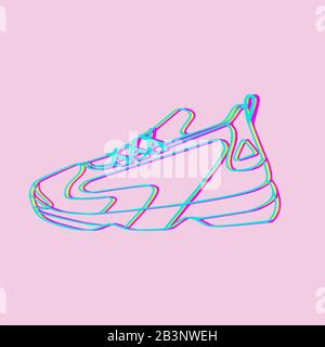 Sneakers vector Icon. Bright Neon Linear shoes on pink  Background.Simple illustration of fitness and sport, gym shoe. Sign shop graphics Stock Vector