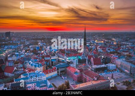 Skyline of Riga old town, sunrise time. Riga is the capital and the largest city of Latvia Stock Photo