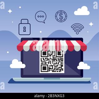 scan code qr in padlock with set icons Stock Vector