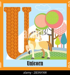Vector cartoon flashcards of animal alphabet, letter U. Colorful cartoon illustration of letter U and nicorn vector character. Bright colors wildlife Stock Vector