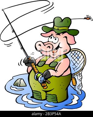 Vector Cartoon illustration of a happy Fly Rod Pig Fisher Stock Vector