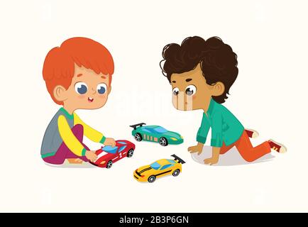 Illustration of two Cute Boys Playing with Their Toys Cars. Red hair boy shows and shares his Toy Cars to His African-American Friend. Stock Vector