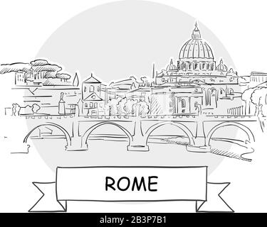 Rome Cityscape Vector Sign. Line Art Illustration with Ribbon and Title. Stock Vector
