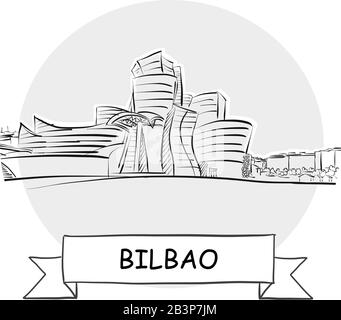 Bilbao Cityscape Vector Sign. Line Art Illustration with Ribbon and Title. Stock Vector