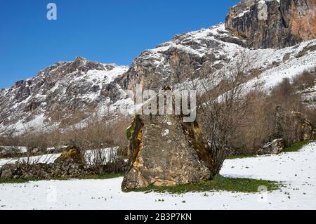 Big rock in a snowy field in PR.AS-15 hike trail path with snowy mountains in the background (Valle del Lago, Somiedo Natural Park, Asturias, Spain) Stock Photo