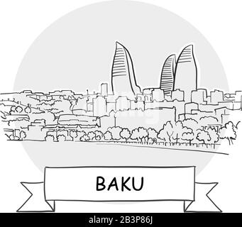 Baku Cityscape Vector Sign. Line Art Illustration with Ribbon and Title. Stock Vector