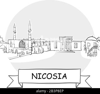 Nicosia Cityscape Vector Sign. Line Art Illustration with Ribbon and Title. Stock Vector