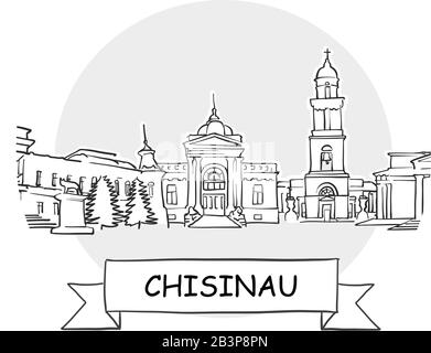 Chisinau Cityscape Vector Sign. Line Art Illustration with Ribbon and Title. Stock Vector