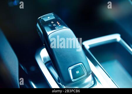 Leverage of automatic gearbox in modern car. Stock Photo