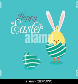 Yellow chicken in cracked eggs. Easter greeting card Stock Vector