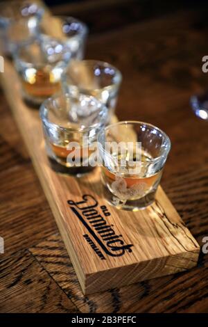 Whiskey sampling tasting set .Old Dominick Distillery.Downtown Memphis.Tennessee.USA Stock Photo
