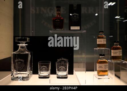 Jack Daniel's products display in the Jack Daniel Distillery's visitor center.Lynchburg.Tennessee.USA Stock Photo