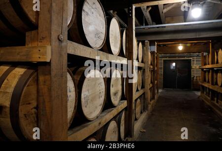 Whiskey barrels in the barrelhouse of Jack Daniel's Distillery.Lynchburg.Tennessee.USA Stock Photo