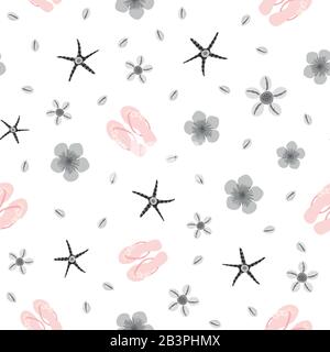 Flip flop shoe on seamless vector pattern background. Pretty sandals, starfish and shells oceanside backdrop. Pastel pink and silver hues. Summer all Stock Vector