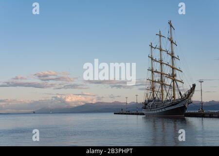 Russian tall ship Pallada in the port of Ushuaia, Argentina Stock Photo