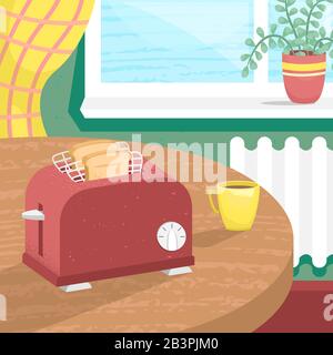 Vector toaster in isometry with pieces of bread in the cozy room. Interior with a toaster. Stock Vector