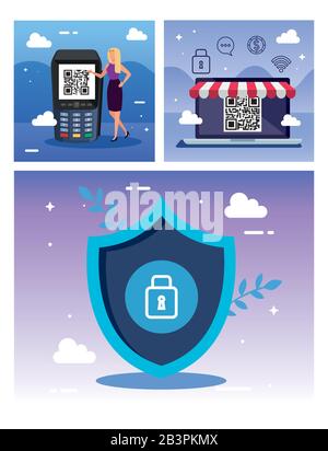 set poster of scan code qr with icons Stock Vector