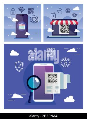 set poster of scan code qr with icons Stock Vector