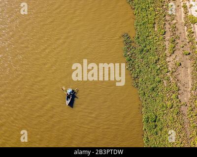 Aerial view of river with boat in  Macaneta Beach, north Maputo, Mozambique Stock Photo