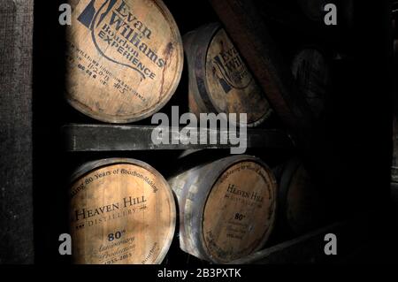 Bourbon whiskey barrels stored inside the rickhouse/rackhouse of Heaven Hill Distillery for maturation process.Bardstown.Kentucky.USA Stock Photo