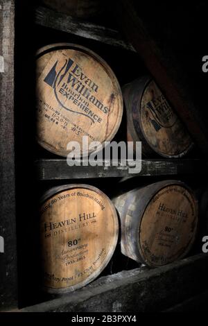 Bourbon whiskey barrels stored inside the rickhouse/rackhouse of Heaven Hill Distillery for maturation process.Bardstown.Kentucky.USA Stock Photo