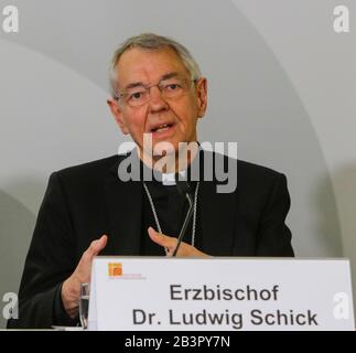 Ludwig Schick, the Roman Catholic Archbishop of Bamberg and chairman of the Committee for International Church Affairs of the German Bishops' Conference, speaks at a press conference. The results of the Amazon synod were discussed at a press conference during the Spring Plenary Session of the German Bishops’ Conference in Mainz, Germany on March 4, 2020. (Photo by Michael Debets/Pacific Press/Sipa USA) Stock Photo