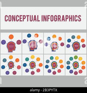 Templates for conceptual infographics 3, 4, 5, 6, 7, 8, 9, 10 positions.  Circles with the text  around the head of person. Stock Vector