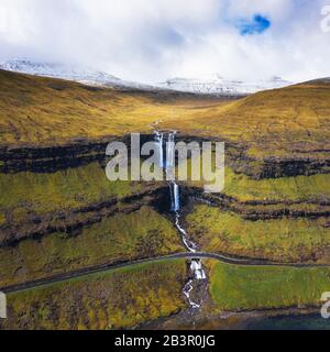 Aerial view of the Fossa Waterfall on island Bordoy in the Faroe ...