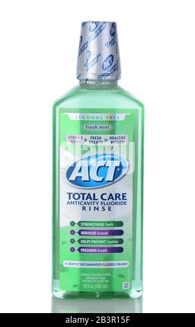 IRVINE, CA - January 05, 2014: A bottle of ACT Total Care Anticavity Mouthwash. An 18 oz bottle of the oral hygiene mouthwash with fluoride. Stock Photo