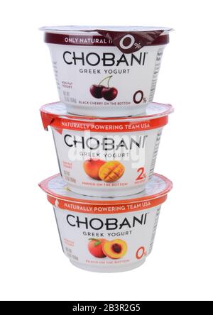 IRVINE, CA - MAY 20, 2014: 3 cups of Chobani Greek Yogurt. Chobani is an American brand launched in 2007 and has become one of the world's leading you Stock Photo
