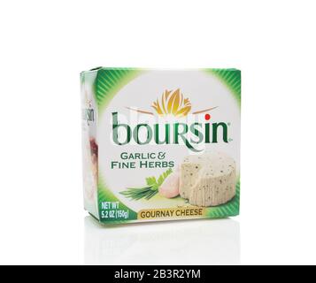 IRVINE, CALIFORNIA - 03 DEC 2019: A box of Boursin Garlic and Fine Herbs Gournay Cheese. Stock Photo