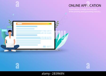 Online application concept, a young man is searching in the internet by using laptop to find a course to apply in the university or job application. Stock Vector
