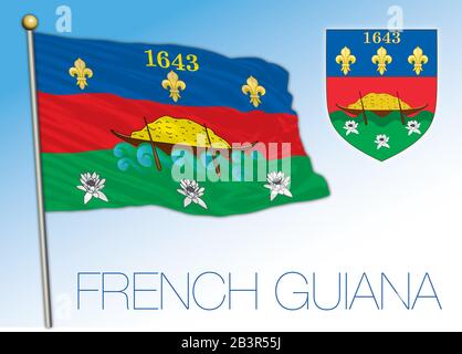 French Guiana flag and coat of arms, south america, vector illustration Stock Vector