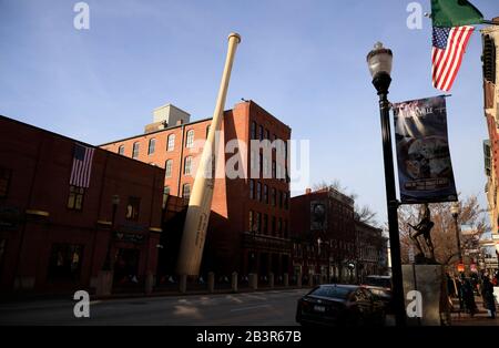 The big bat the oversized baseball bat sculpture the replica of the bat designed for Babe Ruth in the 1920s in front of Slugger museum and factory.Louisville.Kentucky.USA Stock Photo