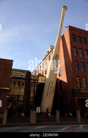 The big bat the oversized baseball bat sculpture the replica of the bat designed for Babe Ruth in the 1920s in front of Slugger museum and factory.Louisville.Kentucky.USA Stock Photo