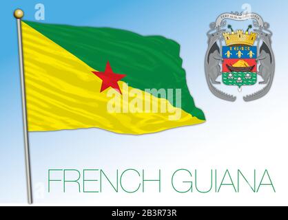 French Guiana flag and coat of arms, south america, vector illustration Stock Vector